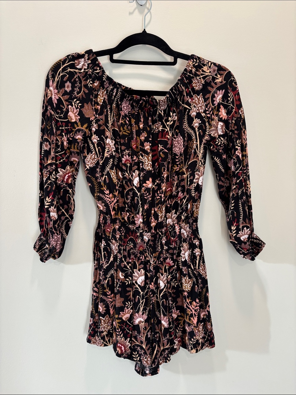 Free People Pretty & Free Off Shoulder Floral Romper Black Boho Extra Small XS